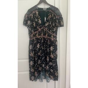 CHELSEA28  floral midi high low pleated with lace dress Sz. XL Dark Green NWT